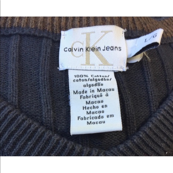 Calvin Klein CK Ribbed Men Sweater V-Neck Navy Large 100% Cotton Brown - Picture 8 of 10